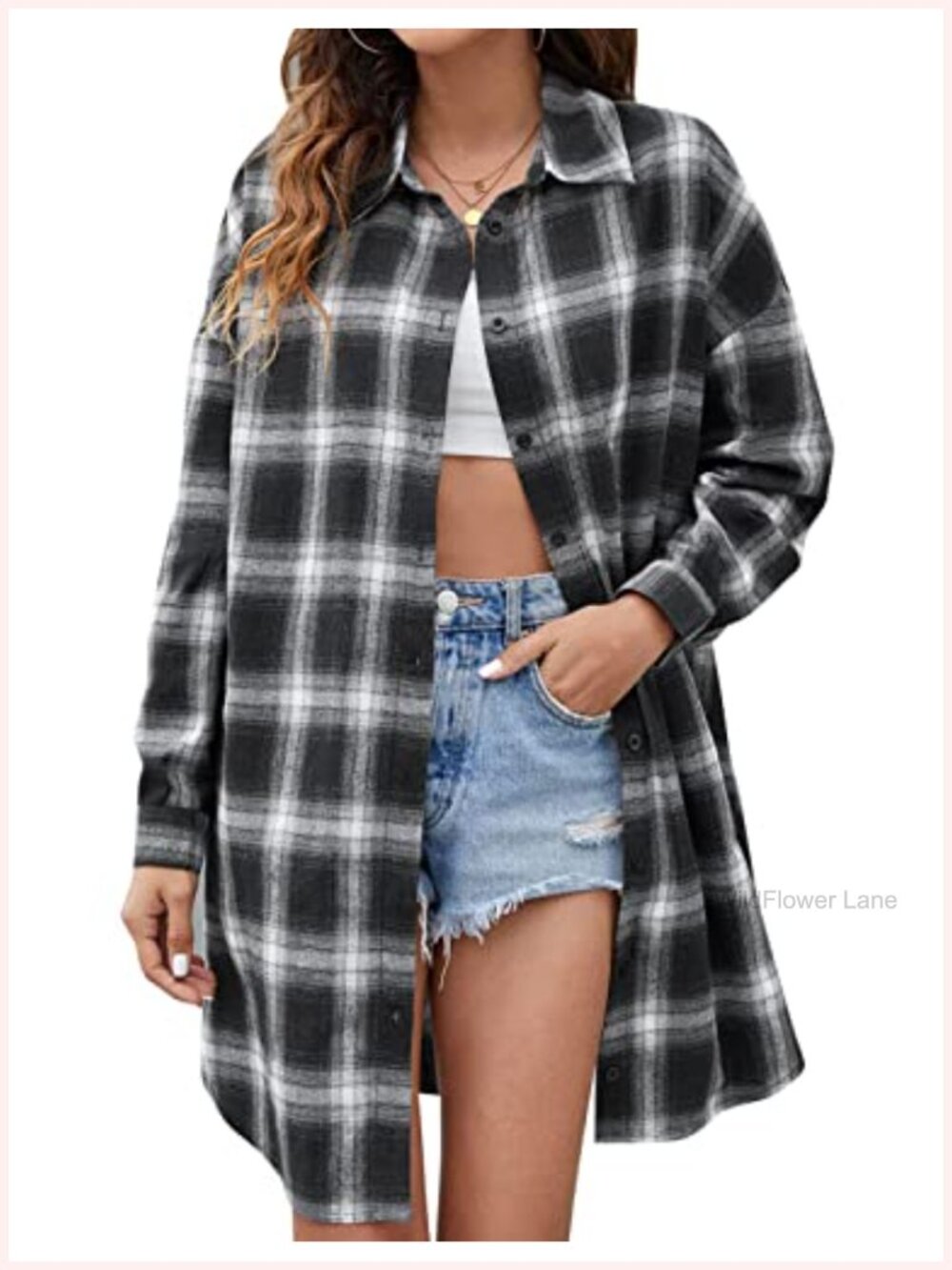Oversized Mid Long Plaid Flannel Shirt Button Down Blouse with Pockets